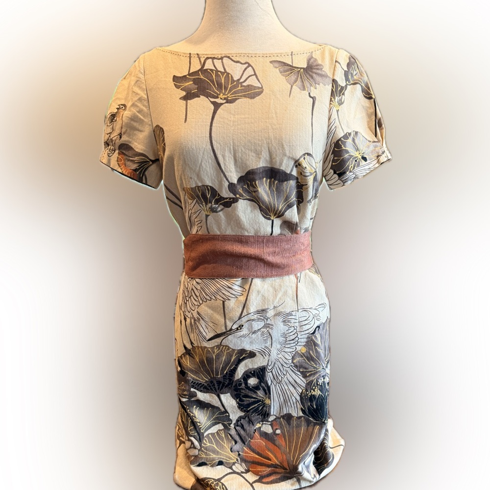 GORGEOUS FLOREAT FROM ANTHROPOLOGIE CREAM DRESS WITH CRANE PRINT! SIZE 4!